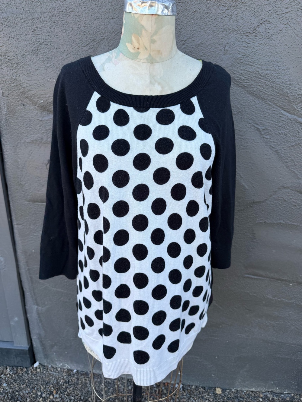 Ellen Tracy Black & White Polka Dot Raglan Long Sleeve Top